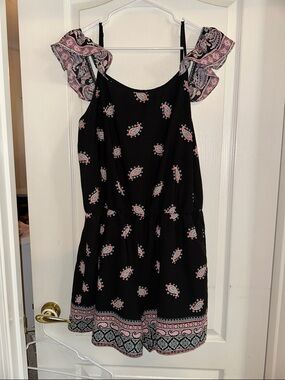 Charming Charlie Black Romper with Pink Paisley Print